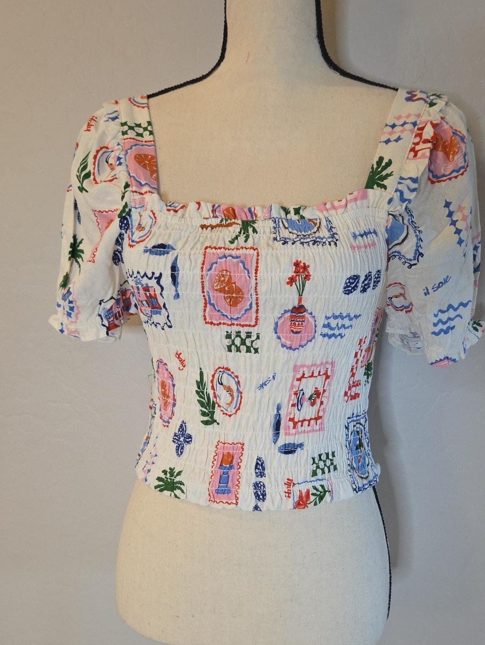 Smocked Square Neck Crop Top in White with Multicolor Print Size Medium NWOT